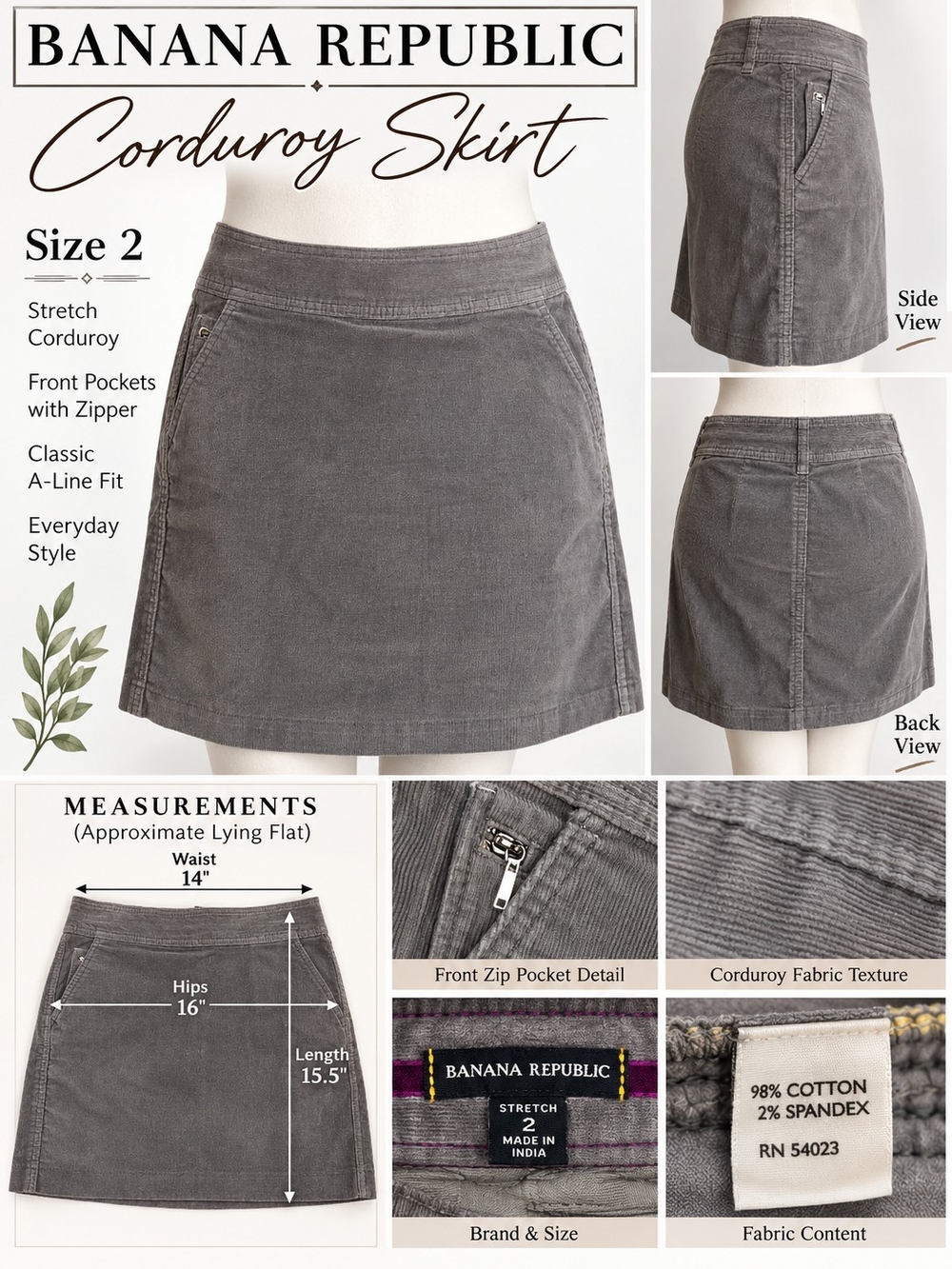 Banana Republic Women's Gray Corduroy A-Line Skirt - Size 2